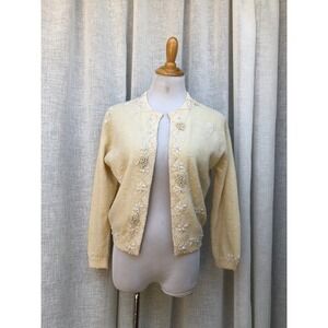 1950 butter cream wool rabbit hair cardigan with white beads and faux pearls